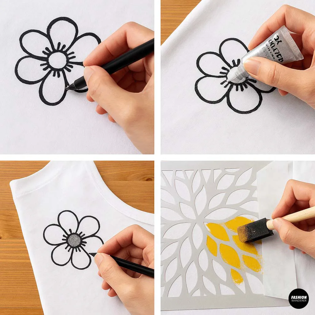 Step-by-step process adding glitter glue and stencil paint to decorate flower motifs on a DIY stamped white t-shirt.