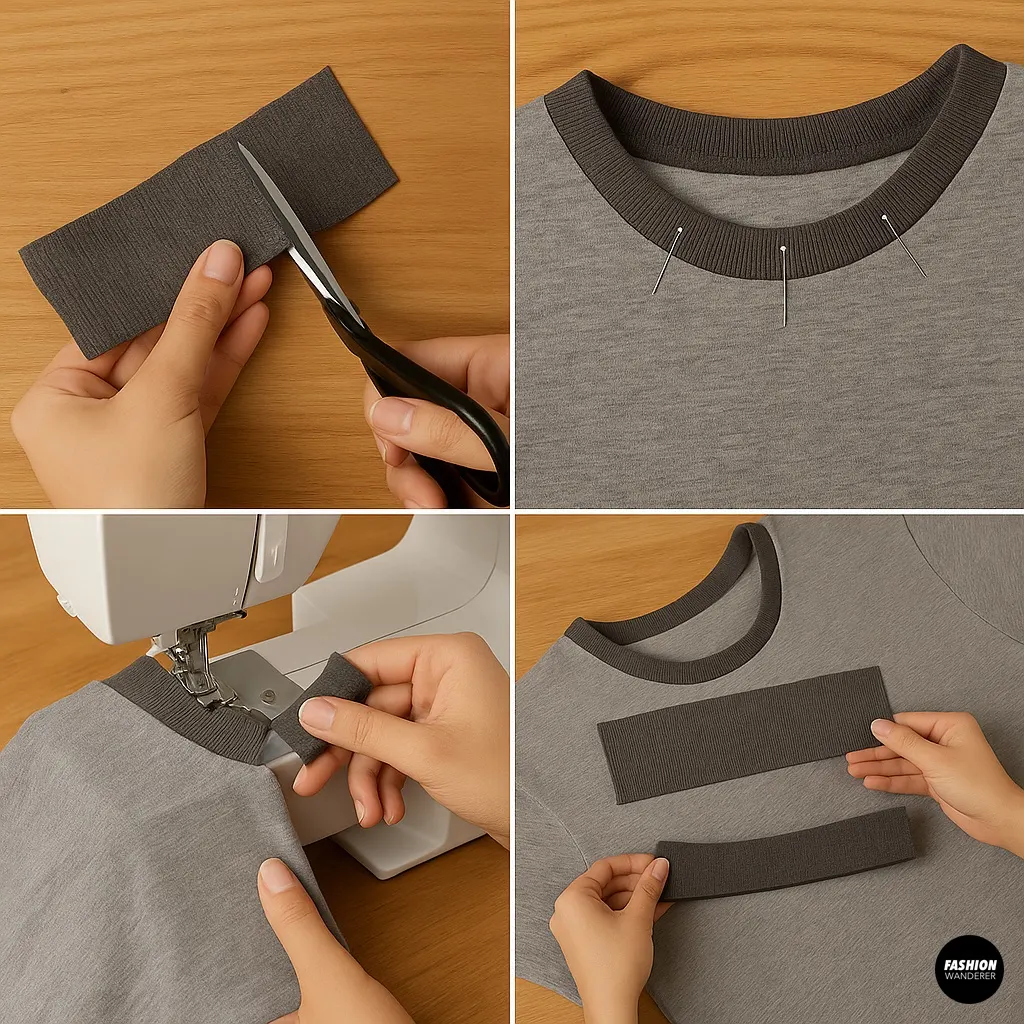 Collage of adding rib knit collar and cuffs to dog clothes; cutting fabric strips, pinning collar to neckline, sewing collar on machine, and arranging cuff pieces on gray shirt.