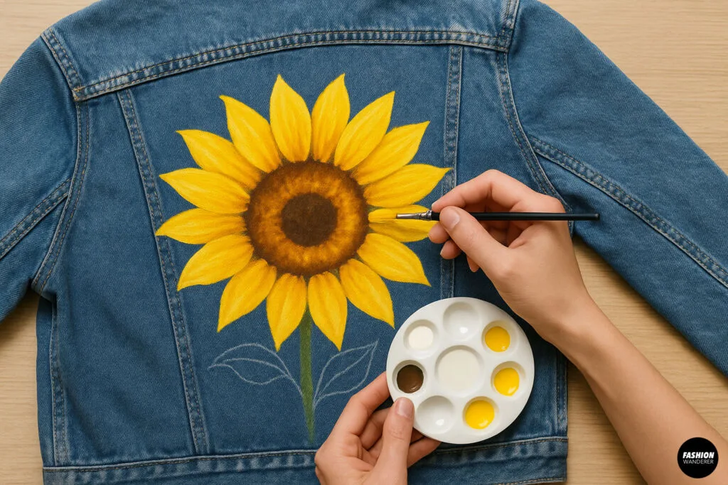 Person painting a large yellow sunflower on the back of a blue denim jacket using a detail brush and paint palette.