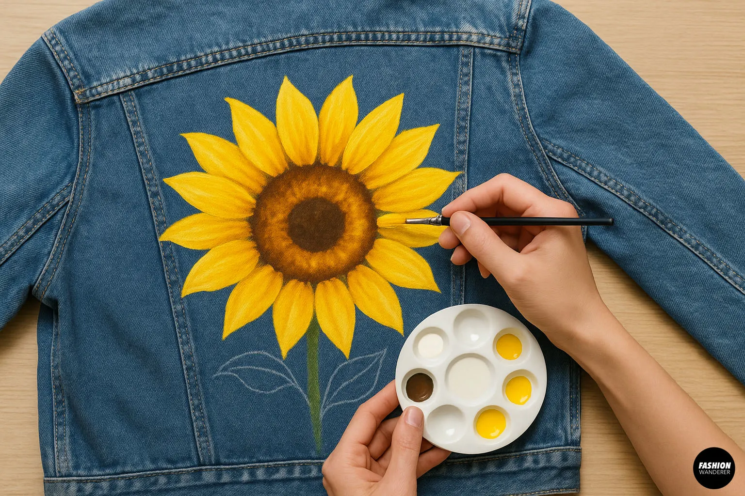 Person painting a large yellow sunflower on the back of a blue denim jacket using a detail brush and paint palette.