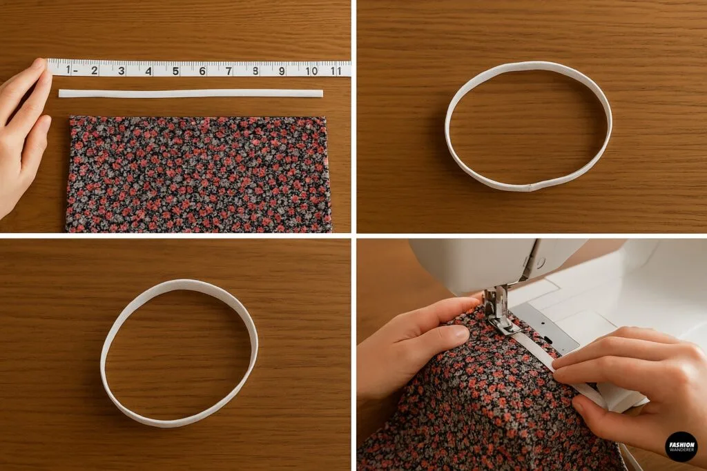 Collage of four photos depicting how to add an elastic band to a DIY tube top: measuring the elastic against a ruler, forming it into a loop, and sewing it into the hem for enhanced fit and support.