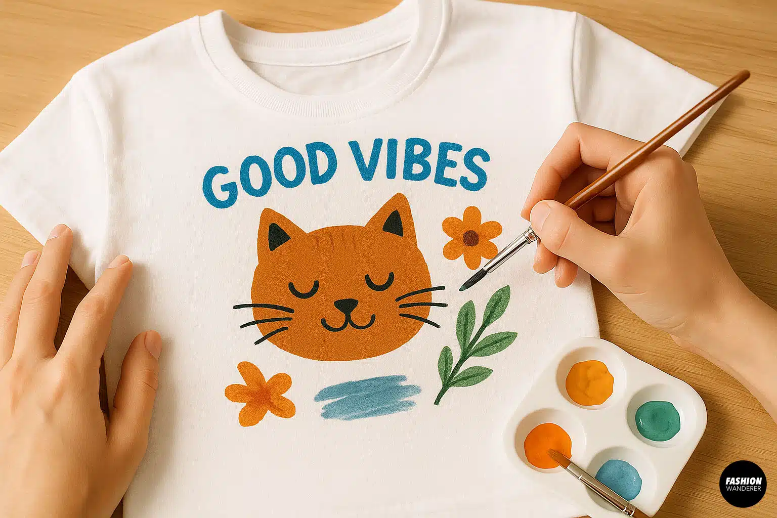 Hand painting final floral and leaf details on a white t-shirt with a &ldquo;Good Vibes&rdquo; cat design using fabric paint &mdash; DIY t-shirt painting project in progress.