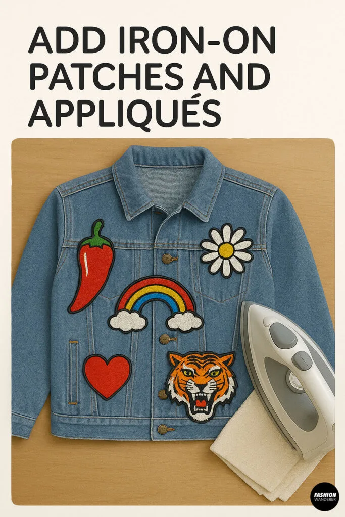 Denim jacket decorated with bold iron-on patches including a rainbow, daisy, tiger, and heart, with iron and pressing cloth beside it on a wood table.