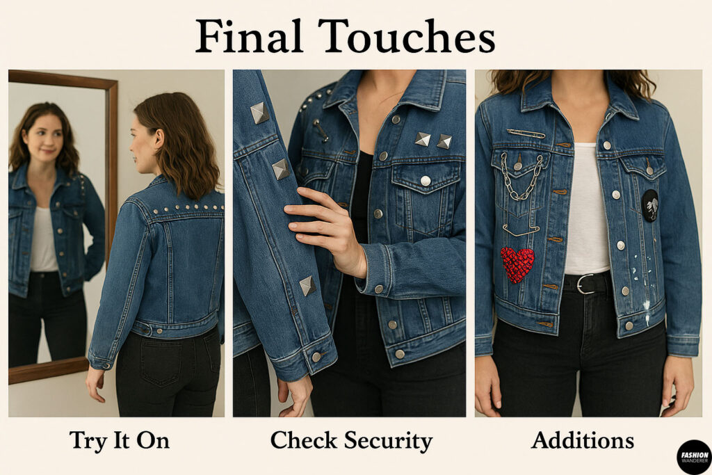 Final steps in customizing a denim jacket: trying it on for fit, checking stud security, and adding embellishments like patches and chains.