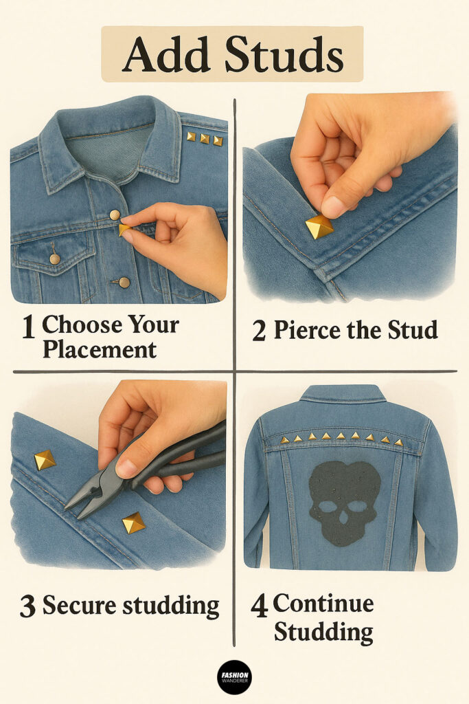Step-by-step guide to adding studs to a denim jacket: choose placement, pierce fabric, secure with pliers, and continue embellishing the design.