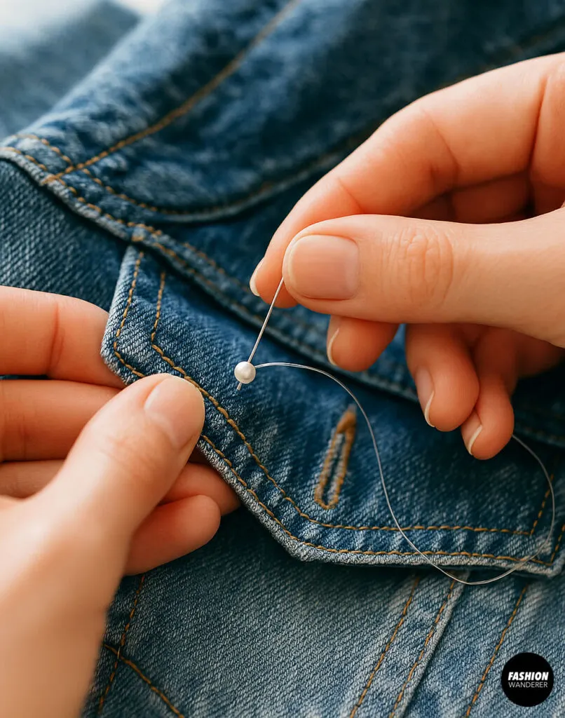 Close-up of hands hand-sewing a pearl bead onto a denim jacket flap using a needle and thread