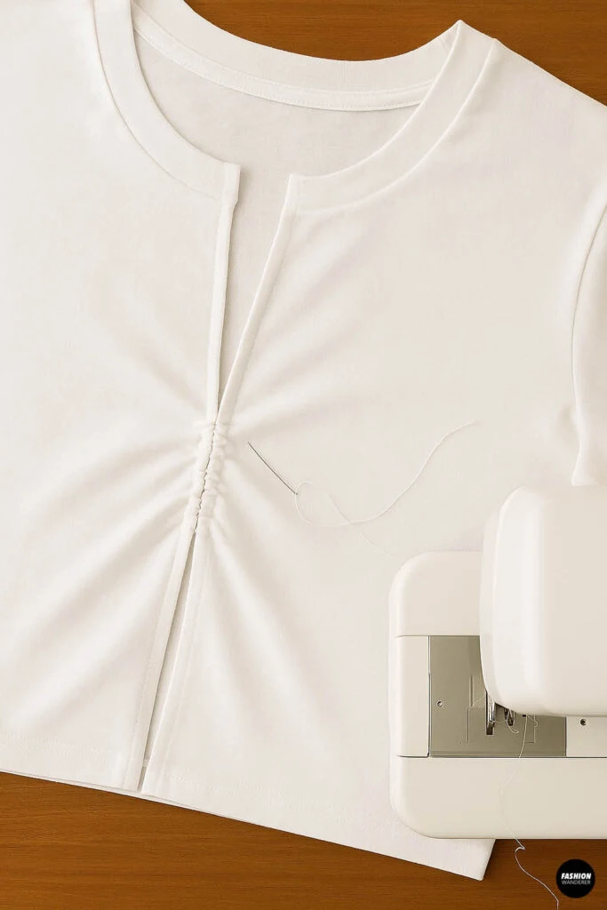 Close-up of the neckline and front edges of a white t-shirt with the front opening hemmed and stitched neatly.