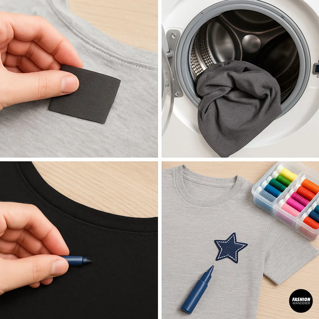 Step-by-step collage showing no-sew shirt repair using patch placement, washing, marking, and decorative patch with fabric marker.