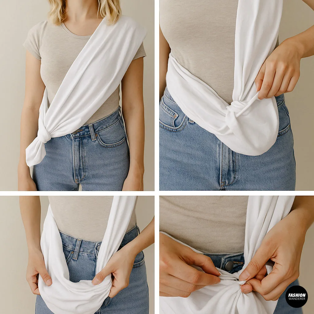 Woman wearing DIY dog sling made from a white T-shirt and adjusting fit across body.