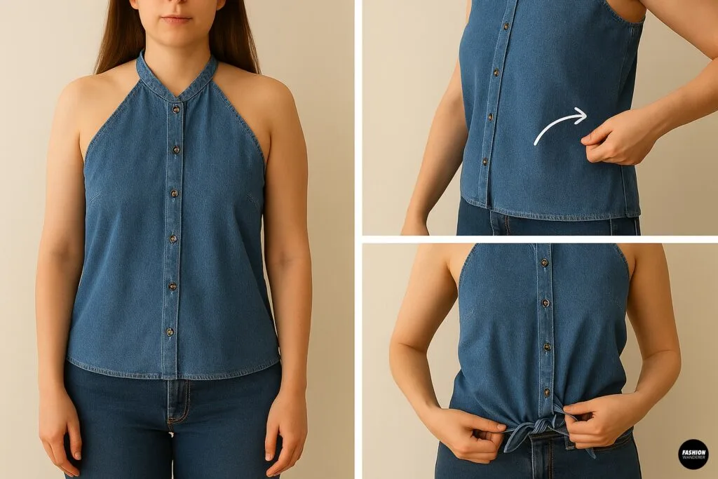 Model wearing the nearly complete denim halter top with tips to adjust side fit—shown flat, tied, and loose—highlighting customizable waist shaping.