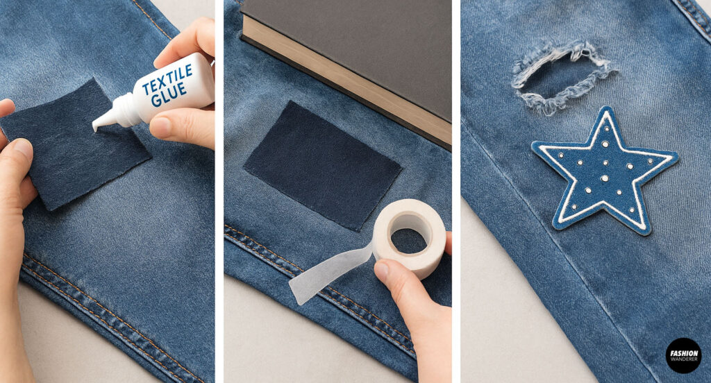 Illustrated guide with fabric glue, hem tape, and decorative patches as alternatives to sewing repairs.