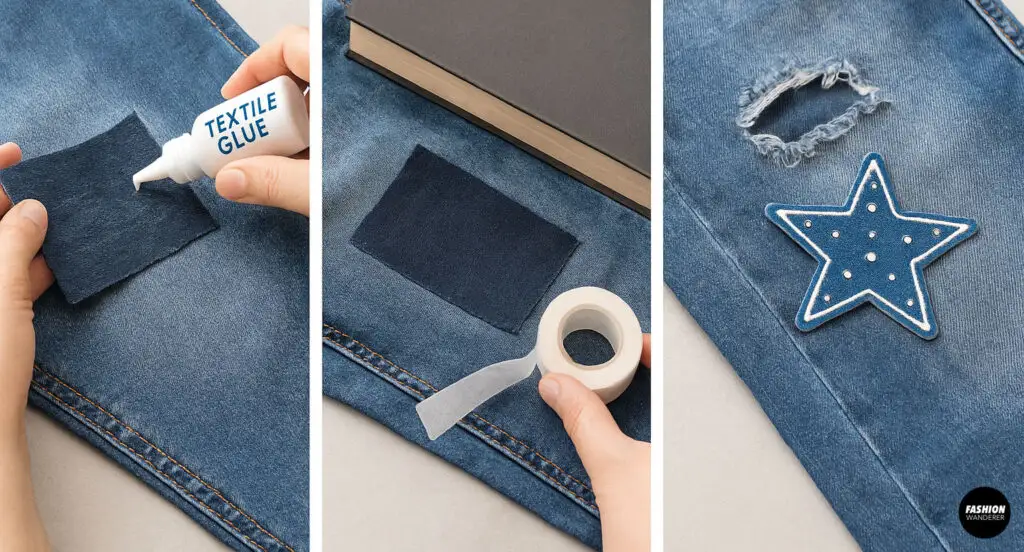 Illustrated guide with fabric glue, hem tape, and decorative patches as alternatives to sewing repairs.