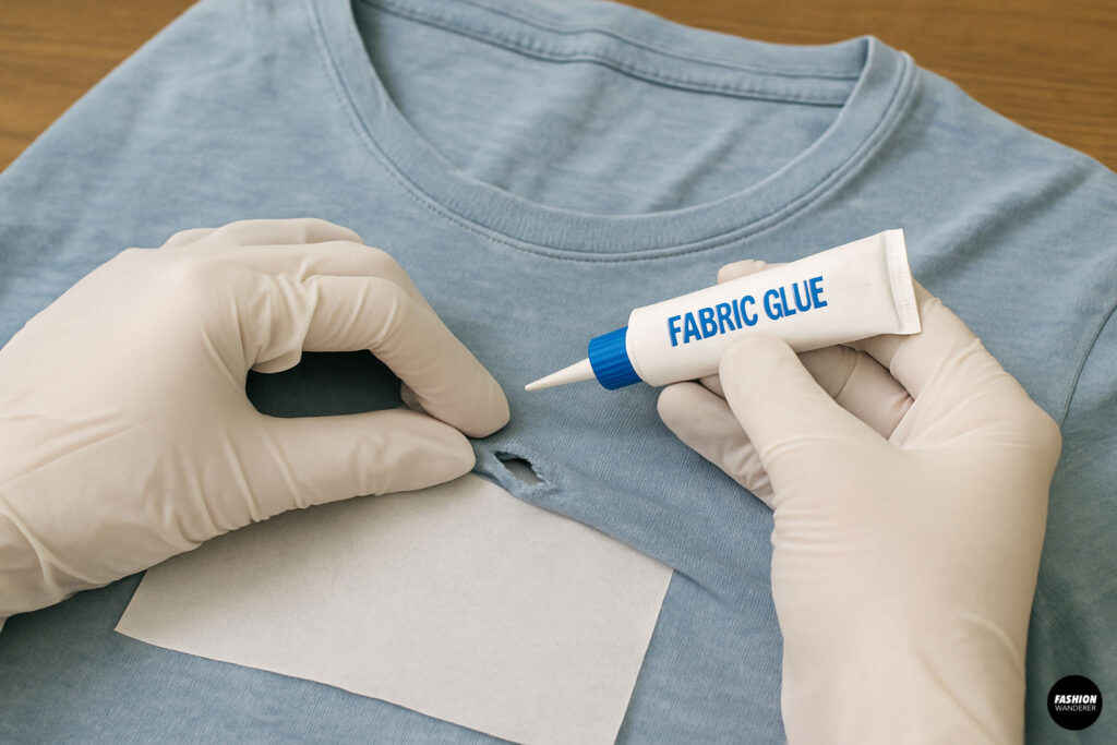 Hands applying fabric glue to patch a hole in a light blue T-shirt using a no-sew repair method.