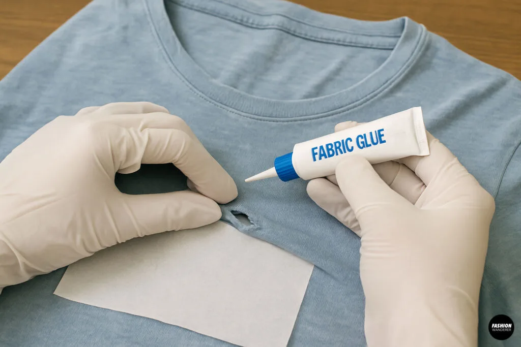 Hands applying fabric glue to patch a hole in a light blue T-shirt using a no-sew repair method.