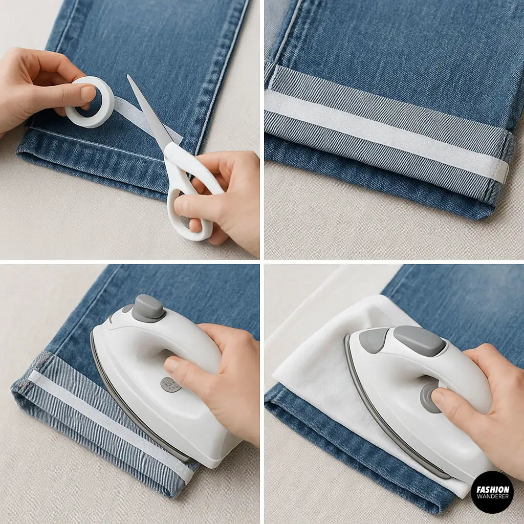 Step-by-step collage showing how to hem jeans without sewing using fusible tape and an iron for a clean no-sew finish.