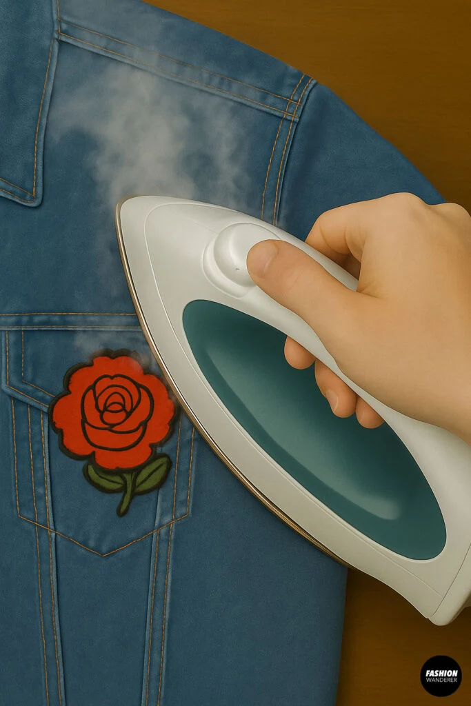 Close-up of a hand using a steam iron to attach a red rose iron-on patch onto a denim jacket.