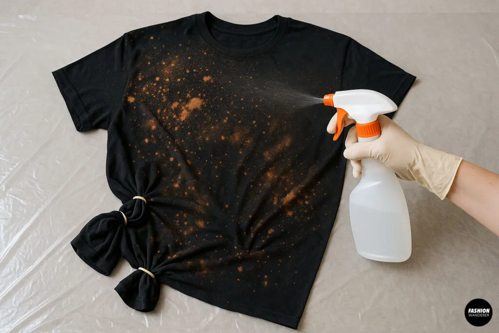 Hand spraying bleach solution onto a black t-shirt with gathered rubber bands — step in DIY acid wash technique to create speckled and tie-dye effects.