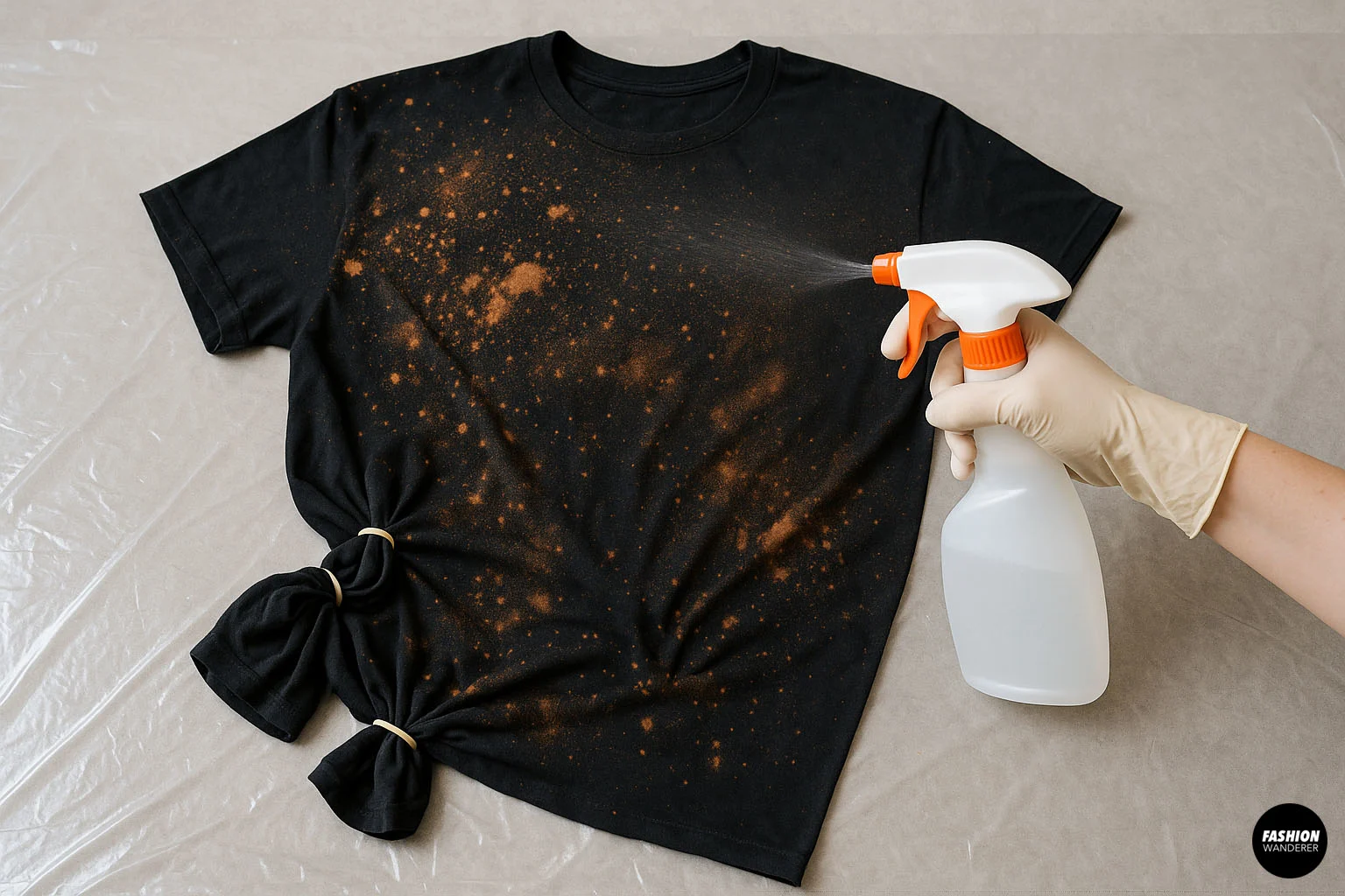 Hand spraying bleach solution onto a black t-shirt with gathered rubber bands &mdash; step in DIY acid wash technique to create speckled and tie-dye effects.