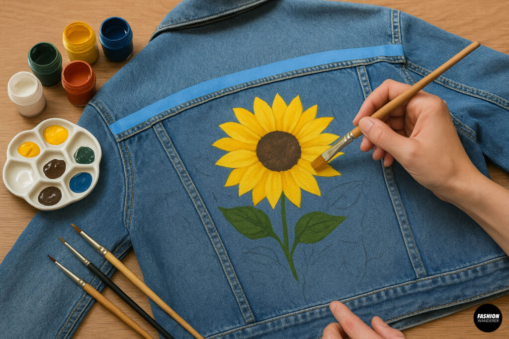 Artist filling in sunflower petals with yellow paint on a sketched sunflower design on a denim jacket, surrounded by paint jars and brushes.