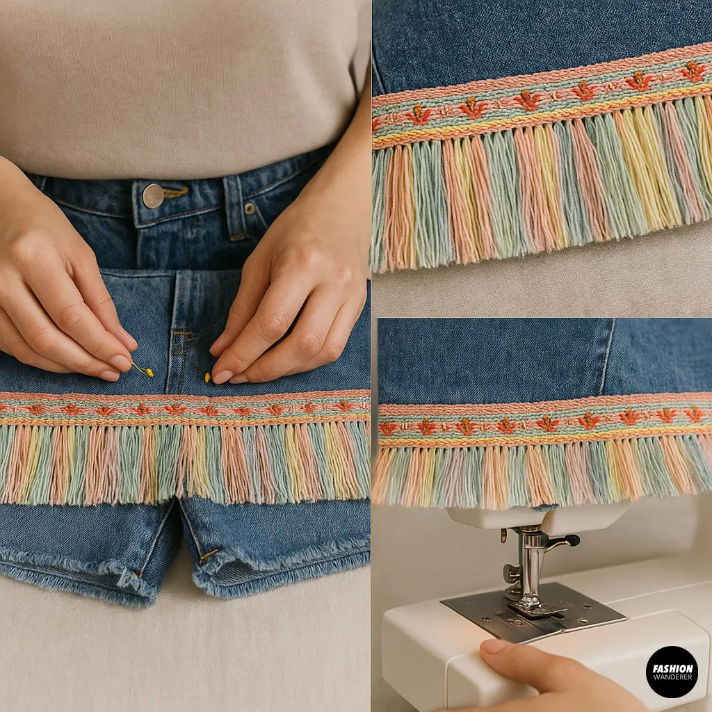 Close-up of sewing pastel fringe trim onto denim shorts using a sewing machine for a DIY upcycled look.