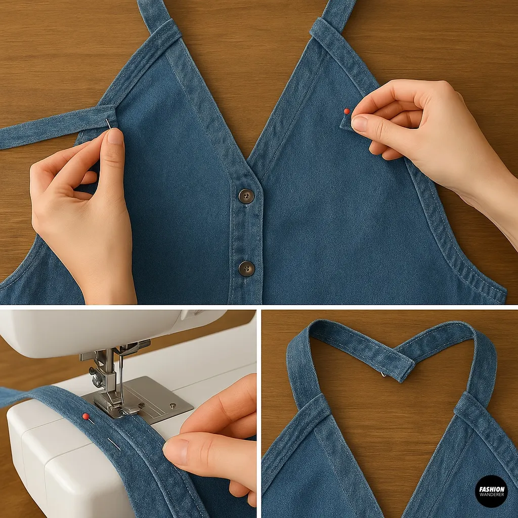 Sewing tutorial showing how to pin and attach denim ties to the halter neckline with close-up of stitching the straps using a machine.