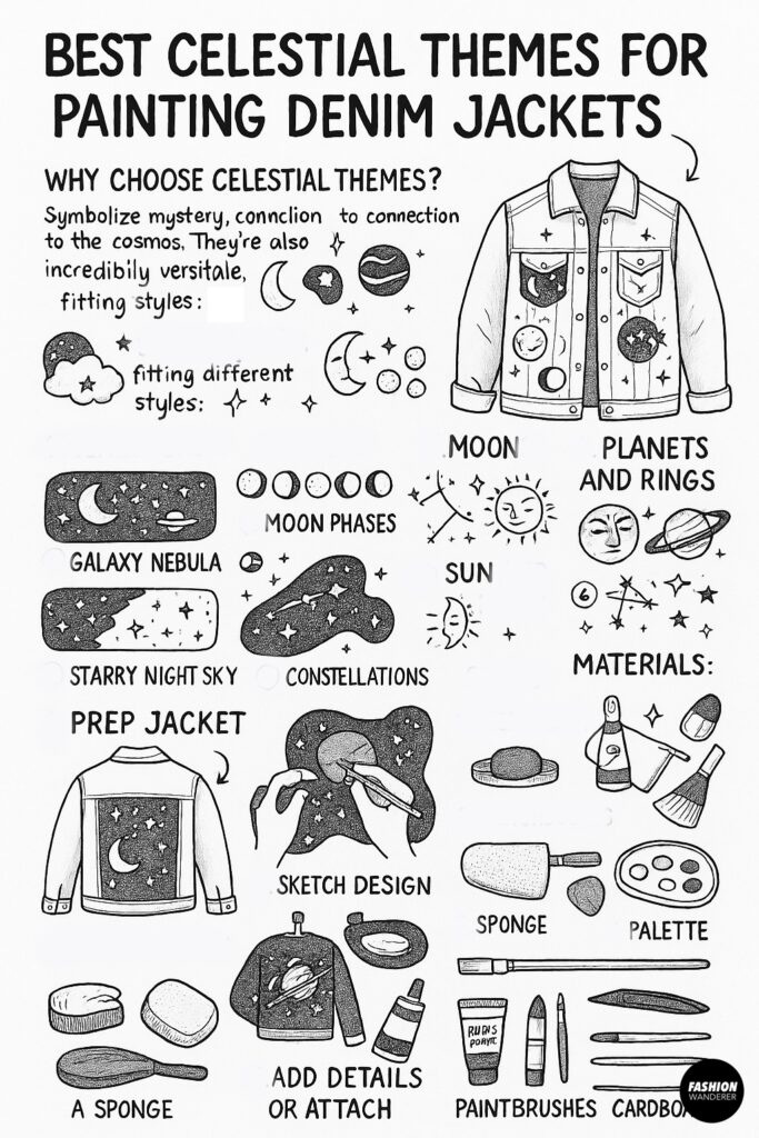 Black-and-white hand-drawn Pinterest infographic showing celestial denim jacket ideas: galaxy nebula, starry night sky, moon phases, constellations, sun & moon, planets & rings, plus materials and simple step icons.