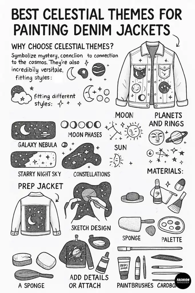 Black-and-white hand-drawn Pinterest infographic showing celestial denim jacket ideas: galaxy nebula, starry night sky, moon phases, constellations, sun & moon, planets & rings, plus materials and simple step icons.