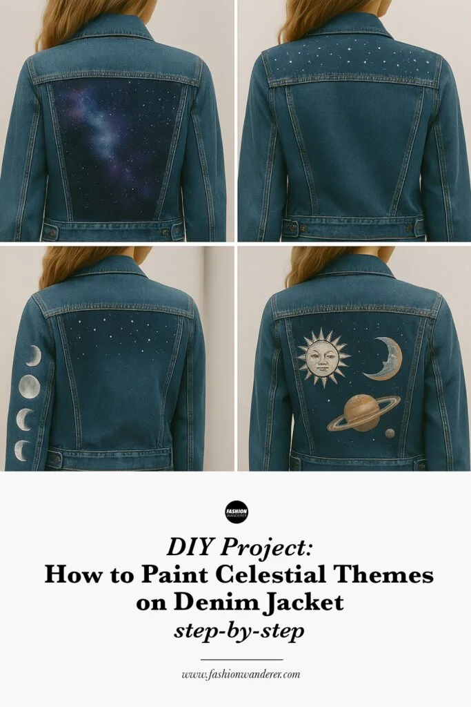 Black-and-white hand-drawn Pinterest infographic showing celestial denim jacket ideas: galaxy nebula, starry night sky, moon phases, constellations, sun & moon, planets & rings, plus materials and simple step icons.