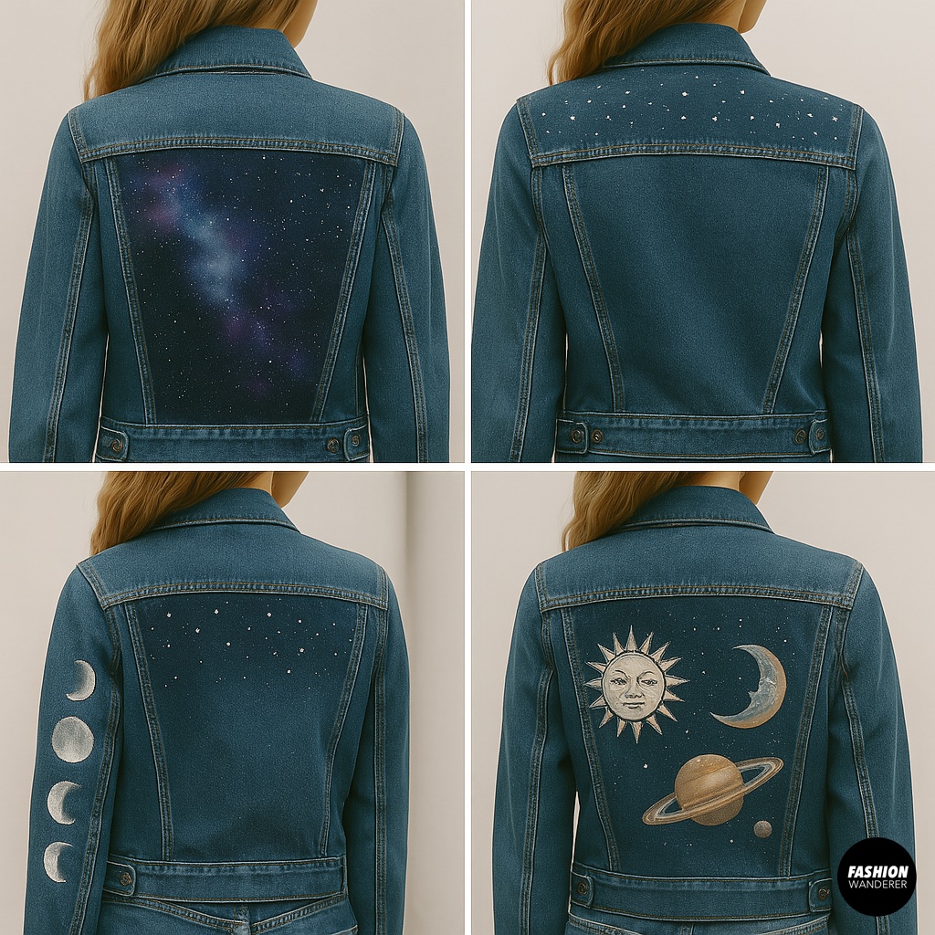 Four-panel collage of denim jackets painted with celestial themes: top left galaxy nebula, top right starry night sky, bottom left moon phases on sleeve, bottom right sun & moon with planets and rings design.