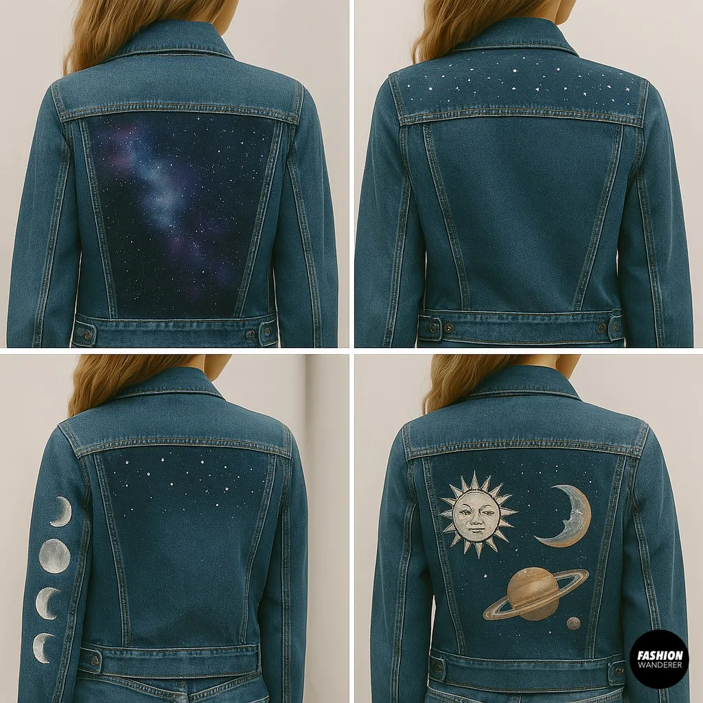 Four-panel collage of denim jackets painted with celestial themes: top left galaxy nebula, top right starry night sky, bottom left moon phases on sleeve, bottom right sun & moon with planets and rings design.