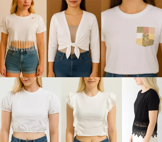 Creative no-sew t-shirt refashion ideas: fringe cut hem, tie-front cardigan, patch pocket tee, cropped puff sleeve shirt, flutter sleeve crop, and black tee with lace trim – trendy DIY fashion makeover.