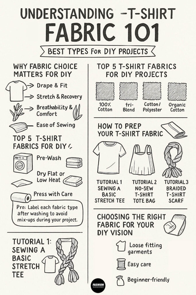 Black-and-white hand-drawn infographic titled ‘Understanding T-Shirt Fabric 101: Best Types for DIY Projects’ with sections on why fabric choice matters, top 5 T-shirt fabric swatches (100% cotton, tri-blend, cotton/polyester, organic cotton), fabric prep steps, and illustrated icons for three tutorials.