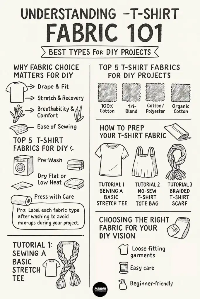 Black-and-white hand-drawn infographic titled ‘Understanding T-Shirt Fabric 101: Best Types for DIY Projects’ with sections on why fabric choice matters, top 5 T-shirt fabric swatches (100% cotton, tri-blend, cotton/polyester, organic cotton), fabric prep steps, and illustrated icons for three tutorials.