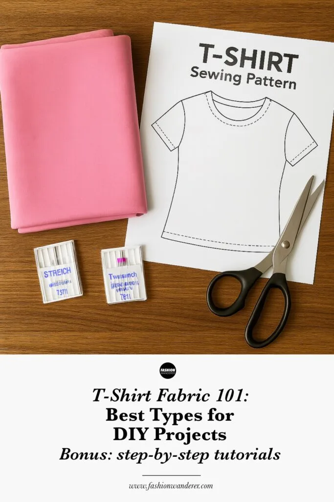T-Shirt Fabric 101 infographic showcasing best DIY fabrics and prep tips, with the Fashion Wanderer logo at the bottom against a cream background.