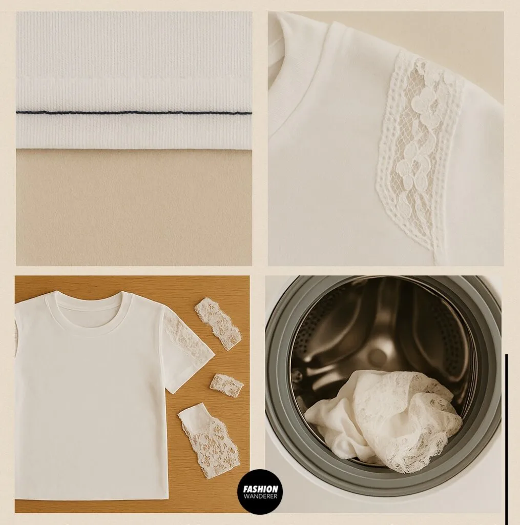 Infographic collage with lace sewing tips: using matching thread, stretch lace for flexibility, lace scraps for trims, prewashing fabric, and practicing on scraps for better results.