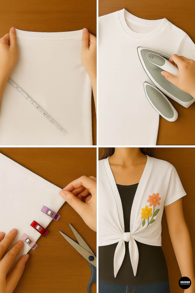 Collage of four photos showing hands stretching fabric, pressing seams with an iron, clipping fabric edges, and a woman wearing the finished tie-front cardigan.