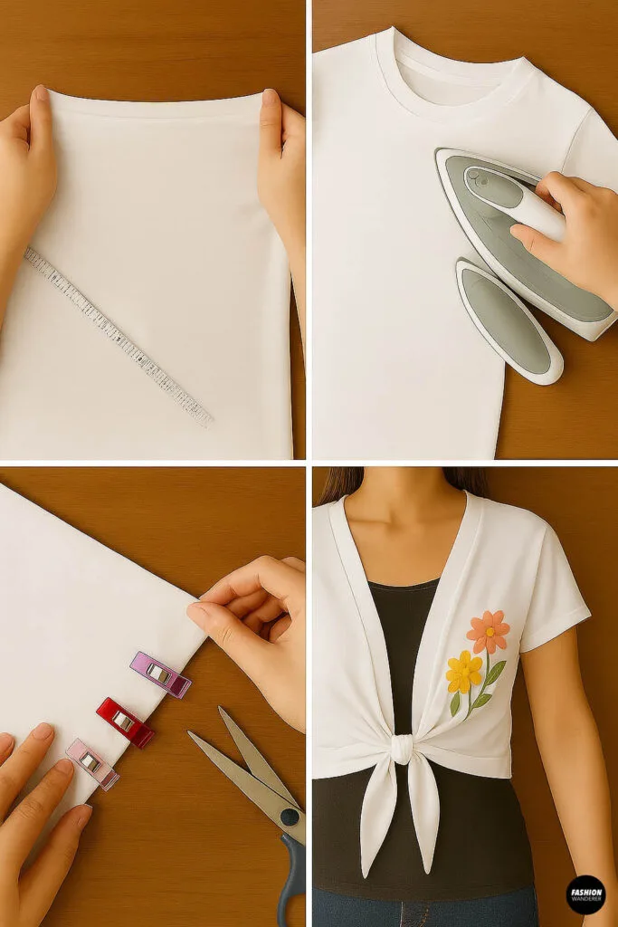 Collage of four photos showing hands stretching fabric, pressing seams with an iron, clipping fabric edges, and a woman wearing the finished tie-front cardigan.
