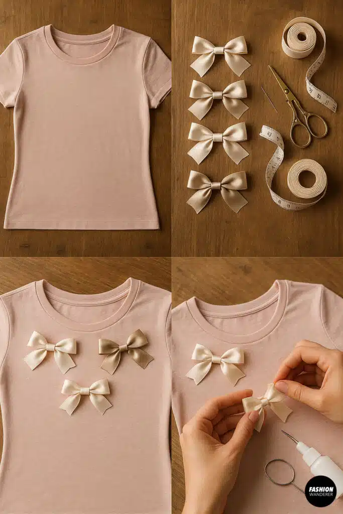 Step-by-step DIY tutorial showing how to decorate a pink t-shirt with satin ribbon bows — includes flatlay of shirt, ivory bows, scissors, measuring tape, and glue — perfect no-sew fashion craft idea for customizing basic tees into cute statement tops.