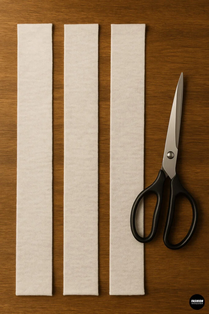 Top-down flatlay of three 2″-wide gray jersey strips and sharp fabric scissors on a wooden surface, ready for no-sew scarf braiding.