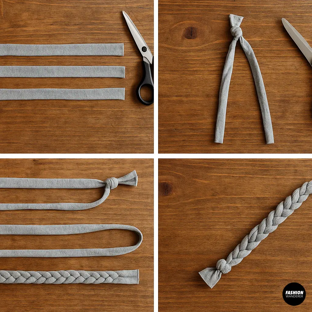 Four-step flatlay showing three jersey strips tied at one end, beginning the braid, midway braid progress, and the finished gray braided scarf on wood background.