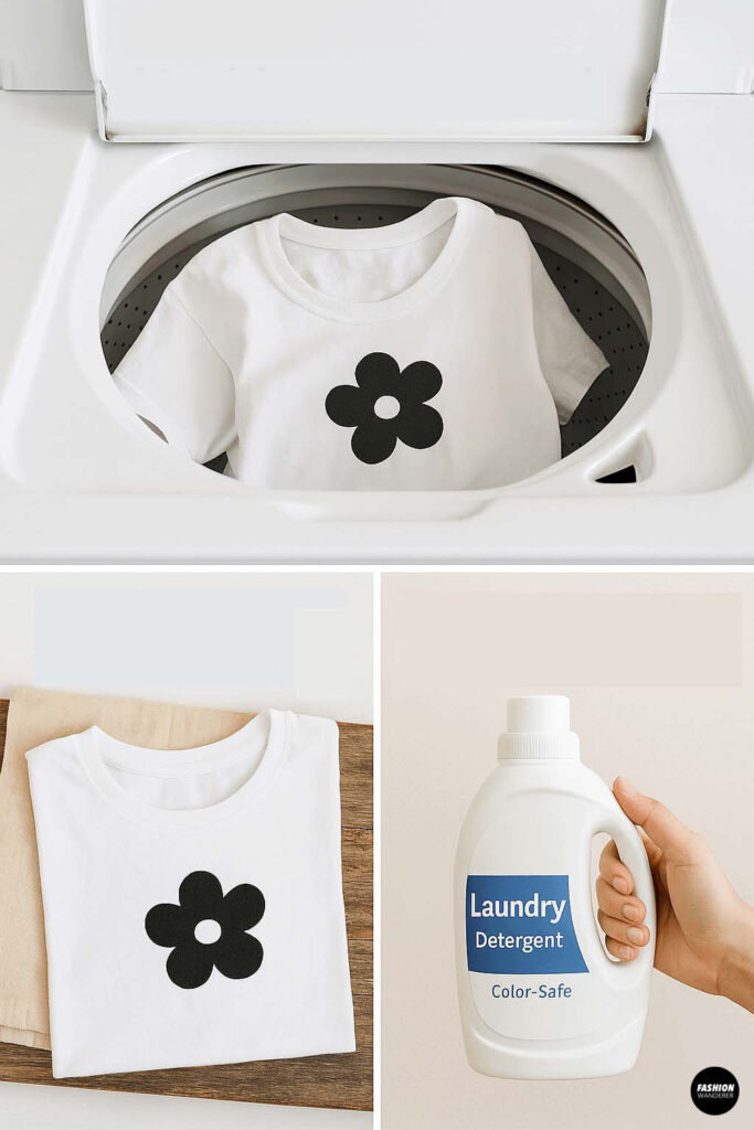 Finished DIY stamped flower shirt placed in a washing machine with color-safe laundry detergent for proper care.