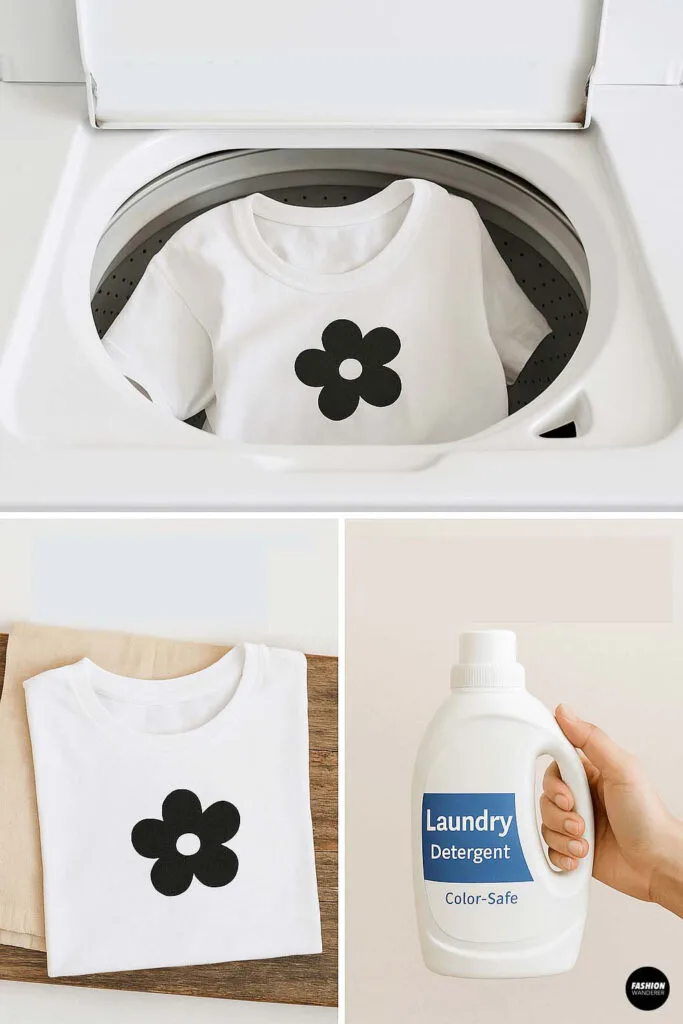 Finished DIY stamped flower shirt placed in a washing machine with color-safe laundry detergent for proper care.
