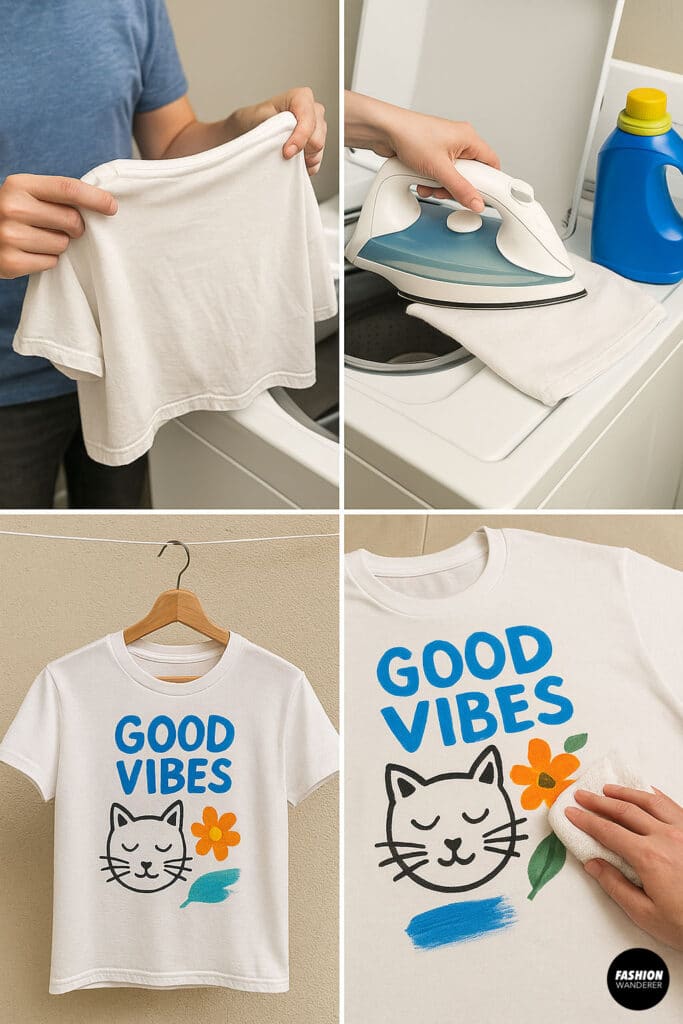 Step-by-step collage showing how to care for DIY painted t-shirts — includes washing, ironing, air drying, and spot-cleaning a “Good Vibes” cat design tee for lasting results.