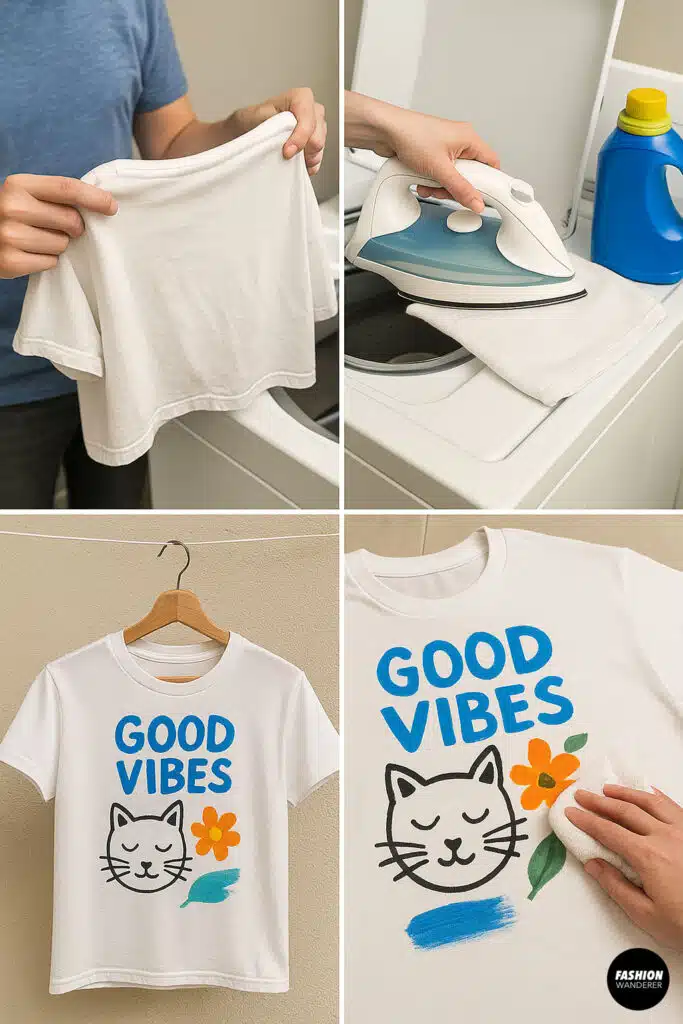 Step-by-step collage showing how to care for DIY painted t-shirts — includes washing, ironing, air drying, and spot-cleaning a “Good Vibes” cat design tee for lasting results.