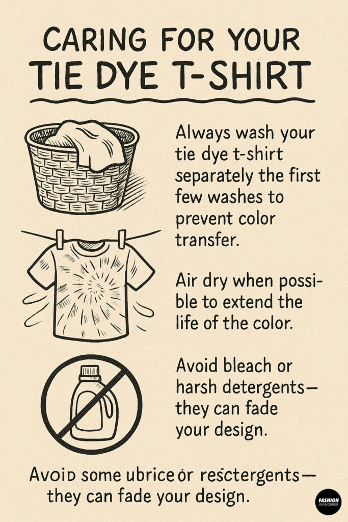 Illustrated infographic with tips for caring for tie dye t-shirts: wash separately, air dry, and avoid harsh detergents or bleach to preserve color.