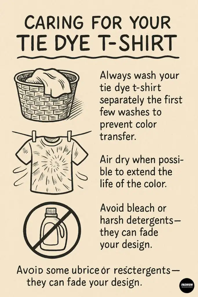 Illustrated infographic with tips for caring for tie dye t-shirts: wash separately, air dry, and avoid harsh detergents or bleach to preserve color.