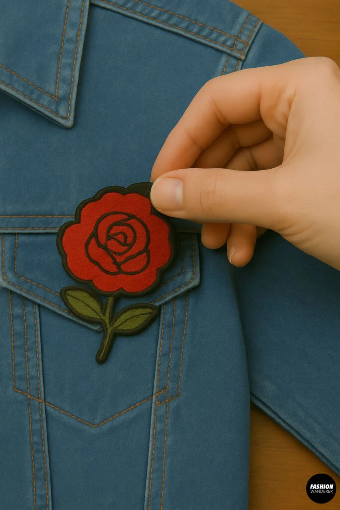 Hand placing a red rose applique onto a denim jacket pocket before ironing.