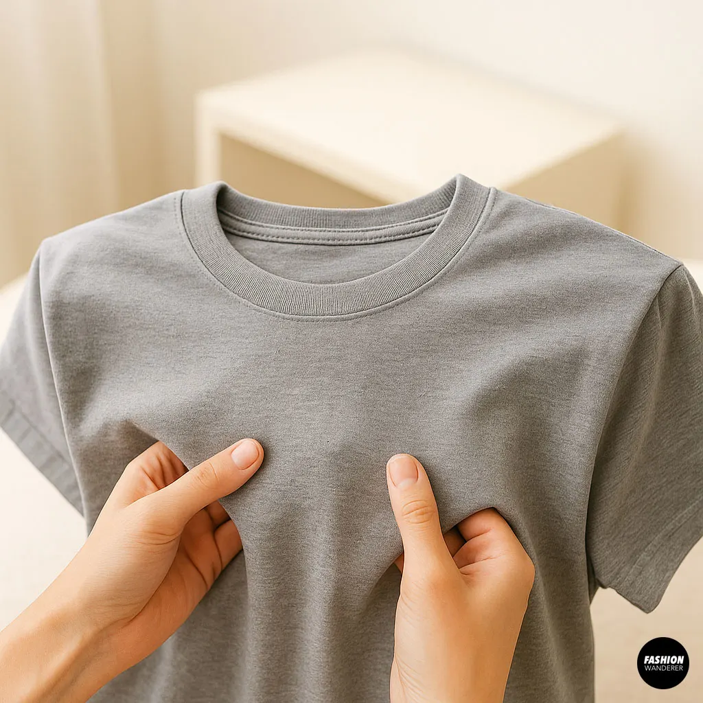 Hands stretching a gray T-shirt to inspect a repaired section for comfort and durability.