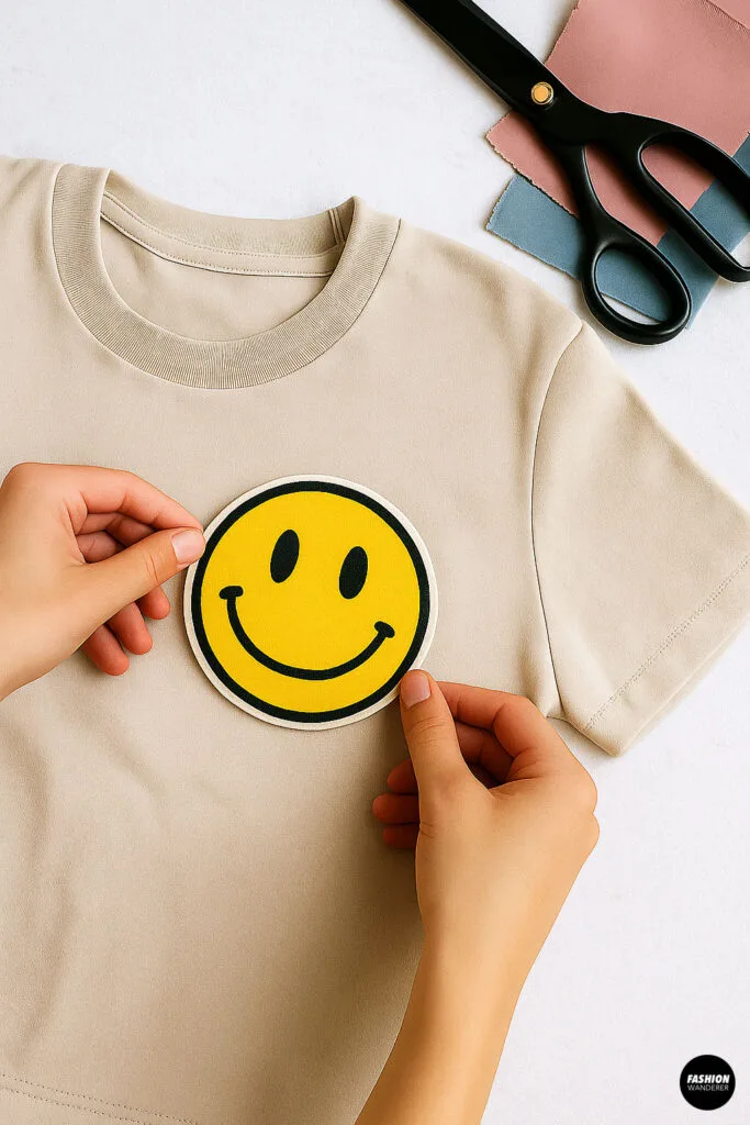 Person positioning a yellow smiley face iron-on patch on a beige T-shirt as part of a DIY repair.