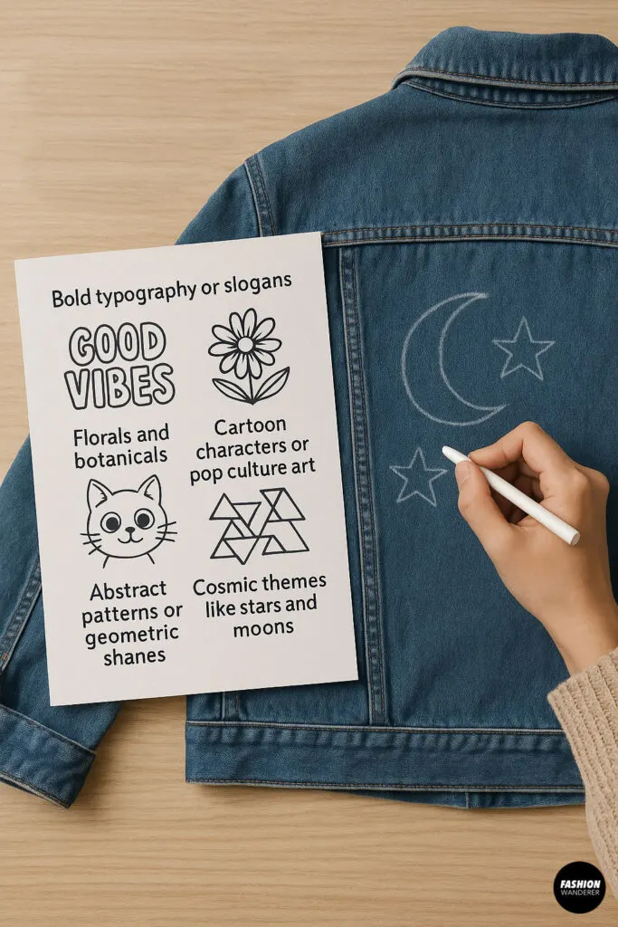 Hand sketching stars and moon on denim jacket with reference sheet showing bold typography, floral, cartoon, and geometric design ideas.